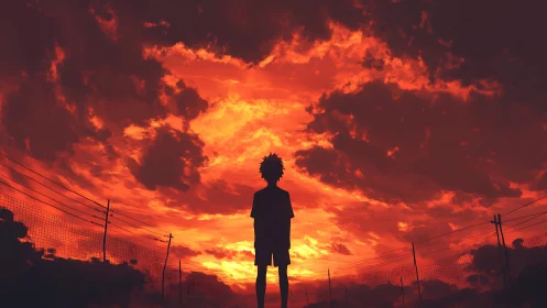 Silhouetted boy contemplates a blazing red-orange sunset sky.