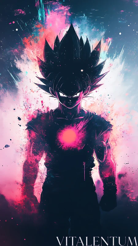 Neon-charged warrior silhouette explodes with cosmic energy.