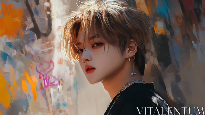 Youthful portrait beside abstract graffiti, soft rim lighting.