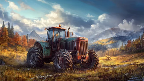 Aged tractor in autumn mountain meadow landscape scene.