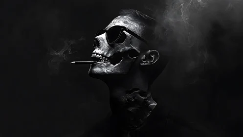 Smoldering skull-headed figure exhales smoke in darkness.