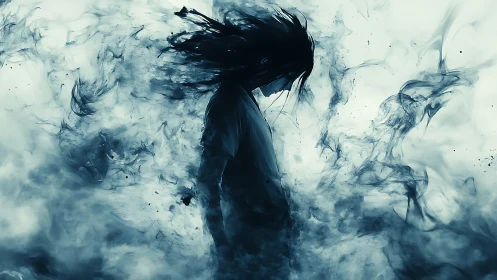 Silhouetted figure amid swirling dark smoke forms.
