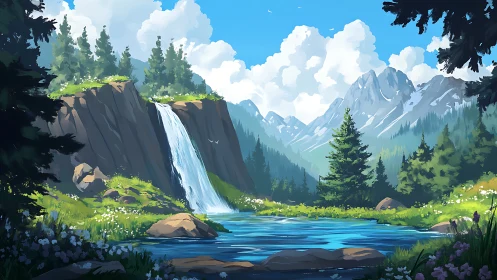 Mountain waterfall and forest river under bright blue sky.