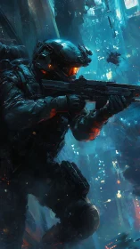Armored scout moves through neon city on a tense mission.