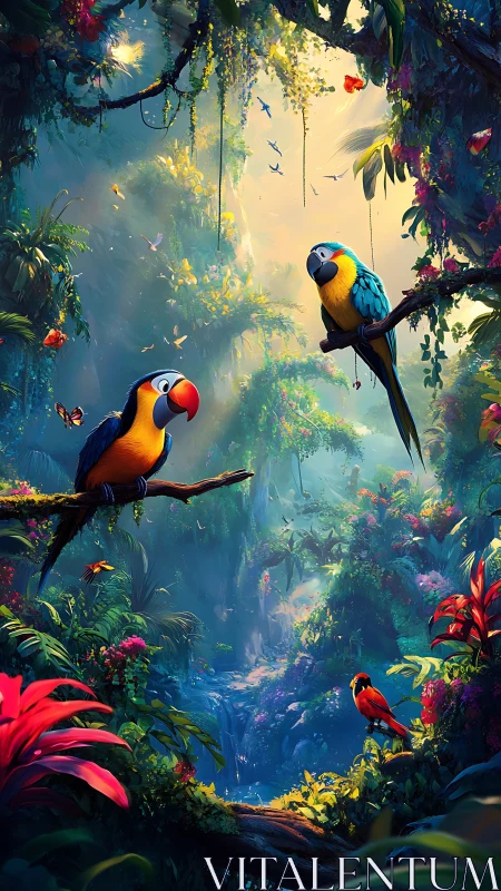 Colorful parrots in lush tropical rainforest clearing.