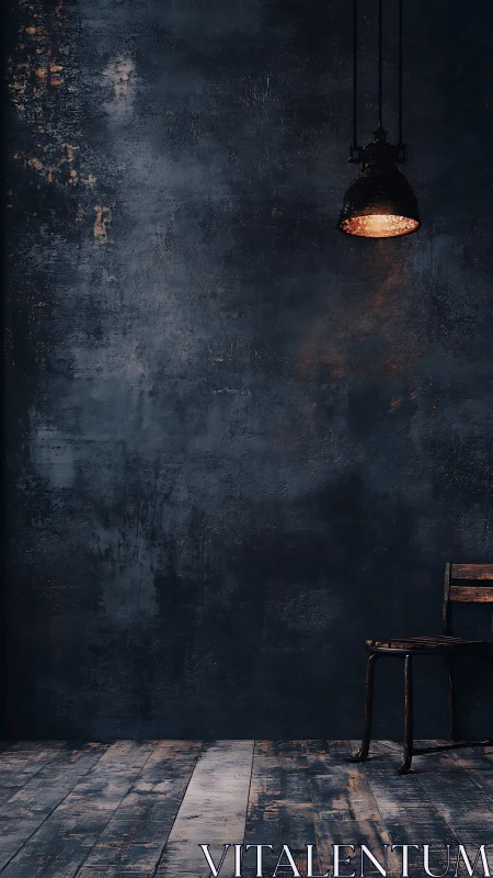 Industrial pendant light over worn wooden floor and chair.