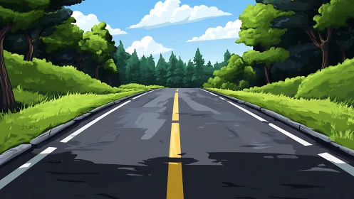 Asphalt Highway with Centered Composition Through Forest Landscape.