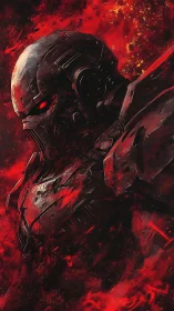 Armored cyber warrior in red inferno battlefield scene.