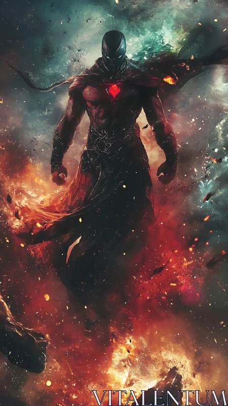 Armored humanoid figure stands in nebular fiery environment
