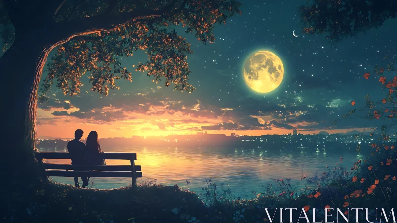 Silhouetted Couple on Waterfront Bench Under Full Moon at Twilight