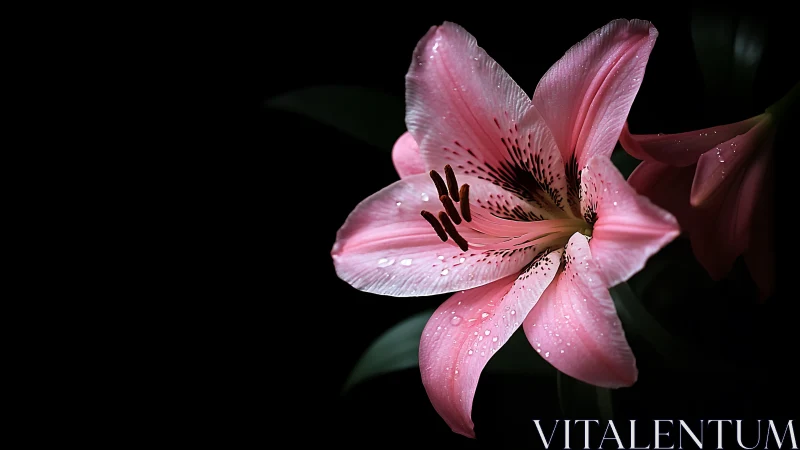 Pink Lily with Dew Drops on Black Background.