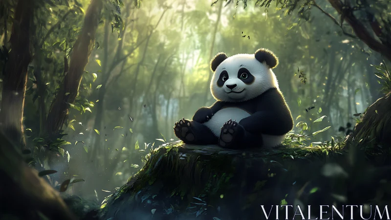 Cartoon panda sitting on mossy rock in dense forest light.