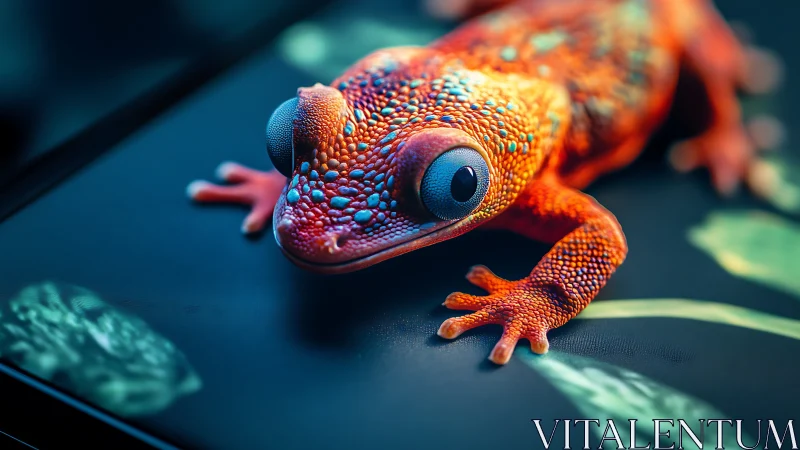 Vibrant macro gecko rendered with neon bokeh highlights.