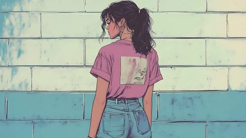 Girl in pink shirt stands against teal concrete wall. Period.