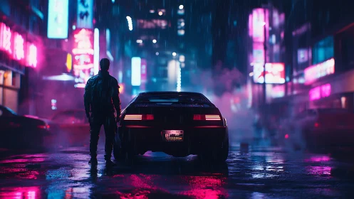 Individual and car occupy neon‑lit wet urban street at night