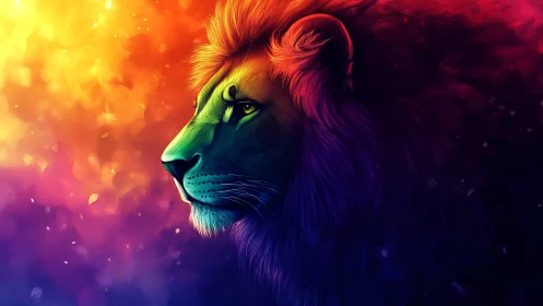 Lion profile rendered in high-contrast multicolor gradient light