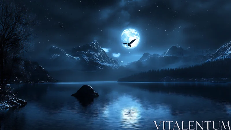 Nocturnal mountain lake under full moon with soaring bird silhouette