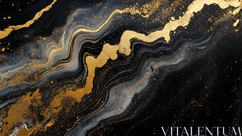 Black and gold fluid abstract with marbled metallic streaks.