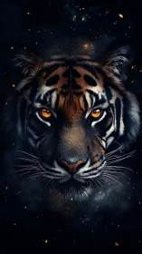 Tiger face close-up with glowing eyes on dark background.
