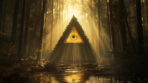 Triangular symbol structure stands in sunlit forest clearing
