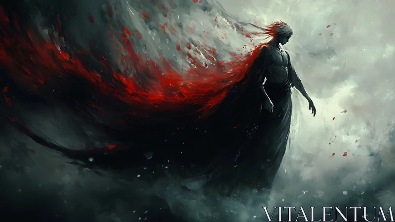 Stormlit dark figure wrapped in flowing crimson power.