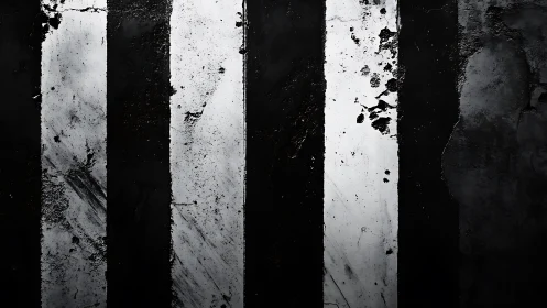 Scarred monochrome stripes carve order through rough shadowed asphalt.
