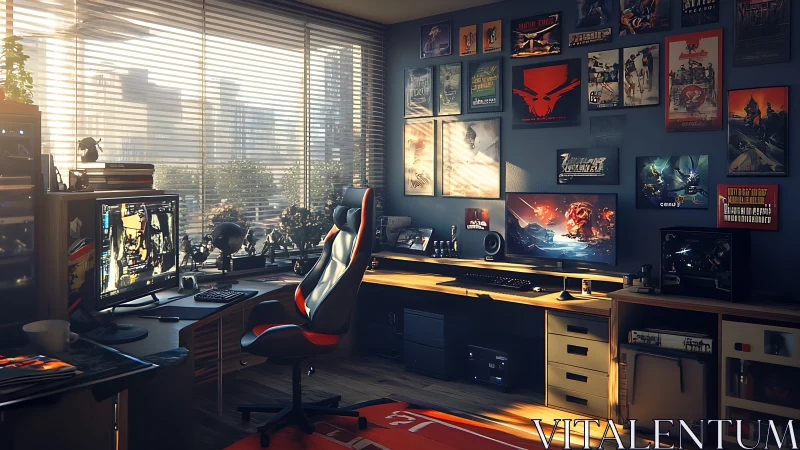 Organized dual-monitor gaming workstation with wall art.