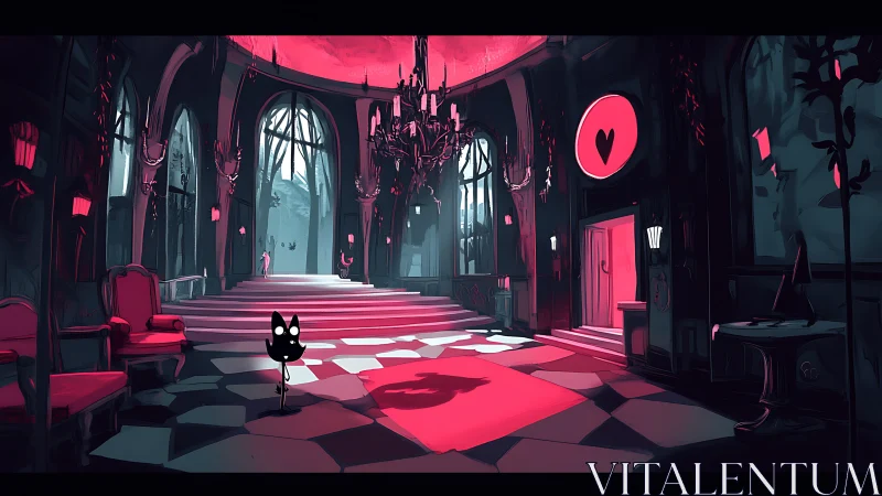 Moonlit cat wanders crimson-lit gothic ballroom of secrets.