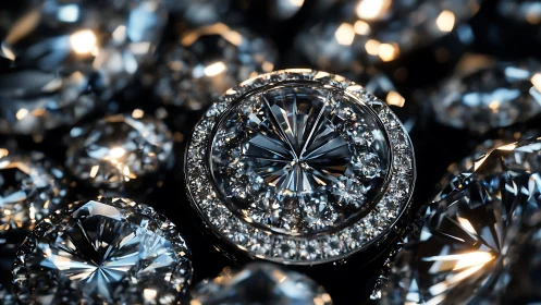 Macro view of round brilliant diamonds in halo cluster.