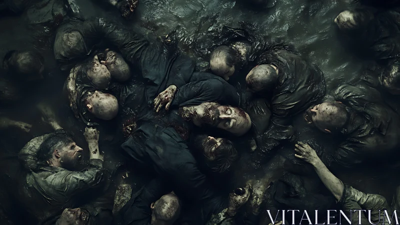 Corpses lie entangled in muddy pit under dim cold light