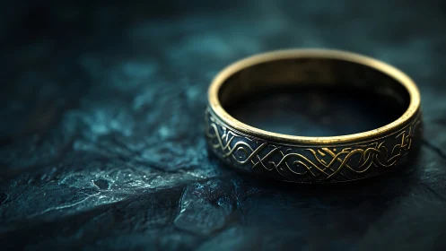 Gold ring with engraved knot pattern rests on dark stone