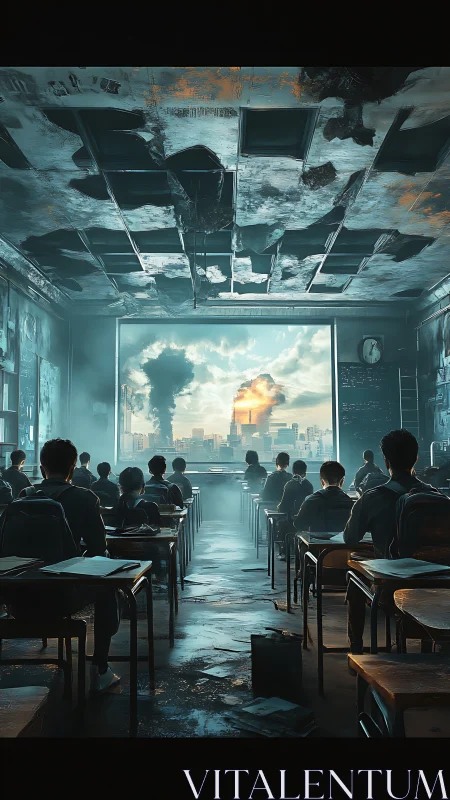 Students watch city explosions through ruined classroom window.