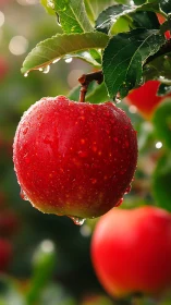 Rain-kissed orchard jewel dangling in soft morning light.