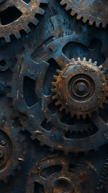 Corroded interlocking steel gear train with oxidized patina texture