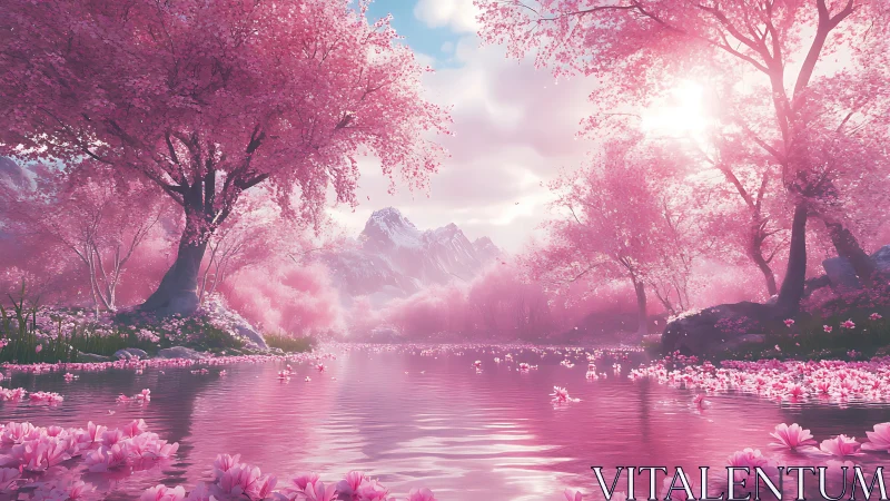 Sakura-filled alpine river valley under soft backlit sunrise
