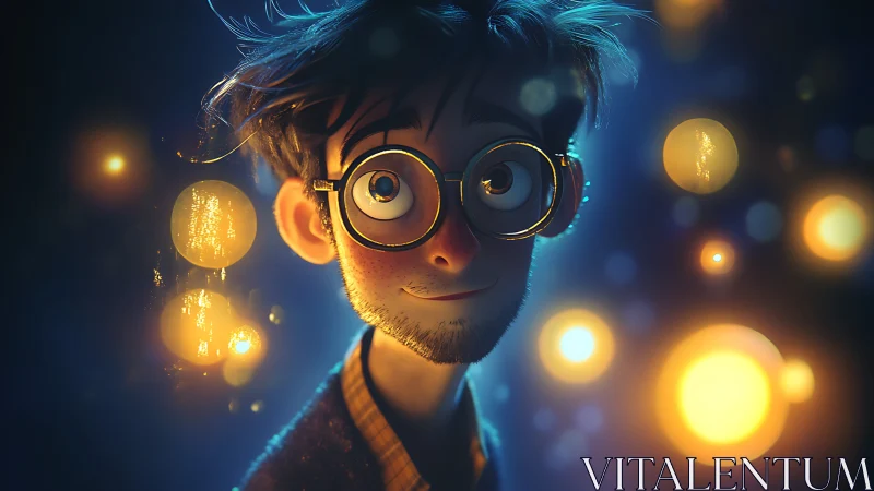 Soft-lit stylized portrait of bespectacled young man at night
