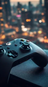 Gaming controller overlooking blurred cityscape at dusk
