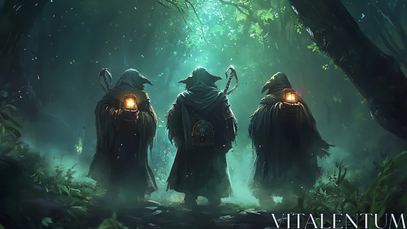 Hooded wanderers cross emerald forest under lantern glow.