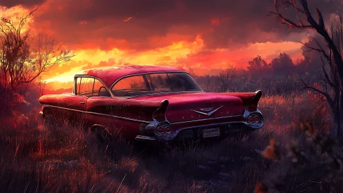 Crimson classic car rests quietly under a blazing sunset sky
