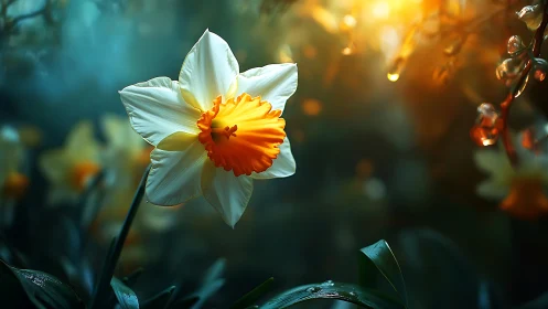 Daffodil's Golden Heart Glows in Ethereal Garden Light.