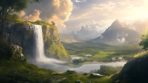 Majestic waterfall overlooks a sunlit fantasy valley panorama.
