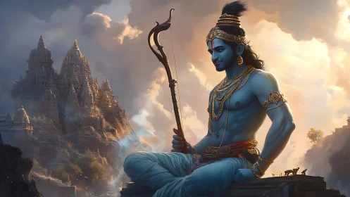 Serene blue deity seated before mist-laden temple citadels