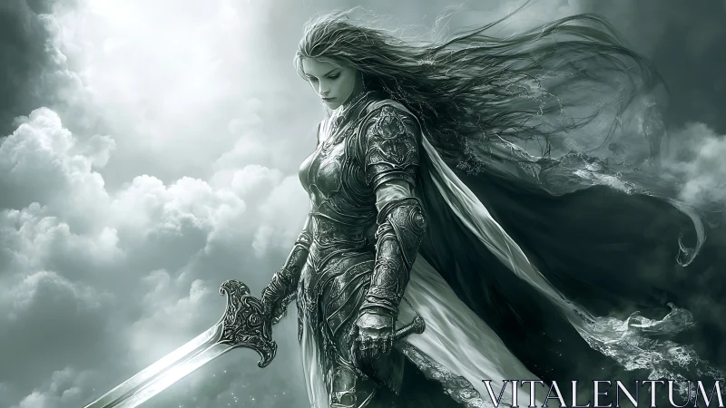 Stormlit warrior maiden pausing between clouds and battle.