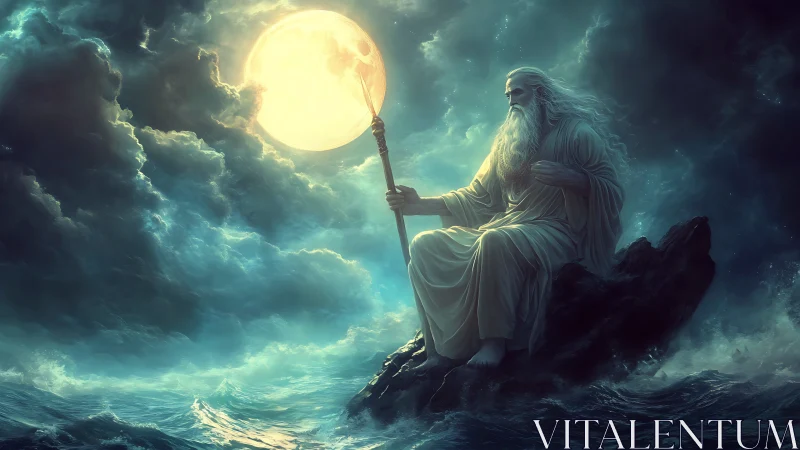Moon-wielding sea sage cradles the tides in stormlit calm