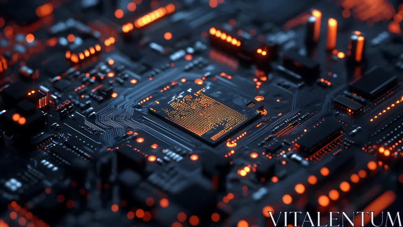 Glowing microprocessor core on dark circuit board surface.