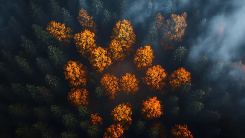Autumn orange trees form dense cluster inside misty conifer forest
