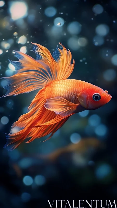 Glowing orange betta fish drifting through bokeh depths.