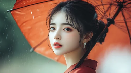 Digital portrait of woman with red umbrella in gentle rainfall