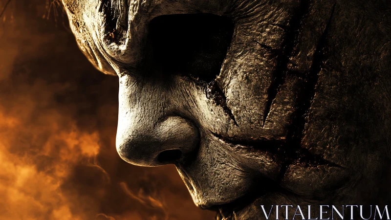 Weathered cracked horror mask emerges from burning gloom