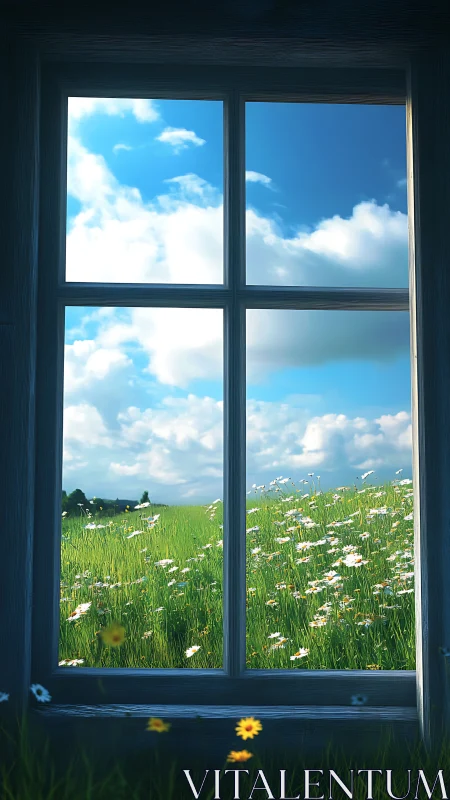 Sunlit wildflower meadow framed by clear window view